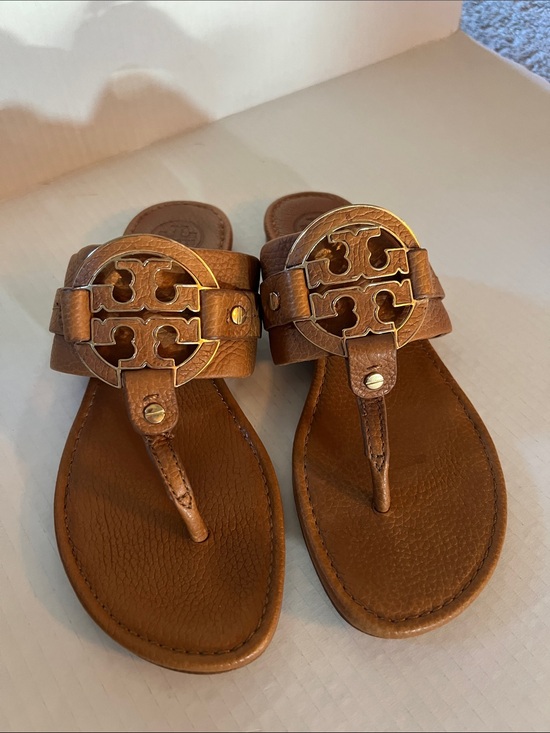 Tory Burch Shoes - Tory Burch Tan Leather Logo Thong Sandals with Gold Medallions